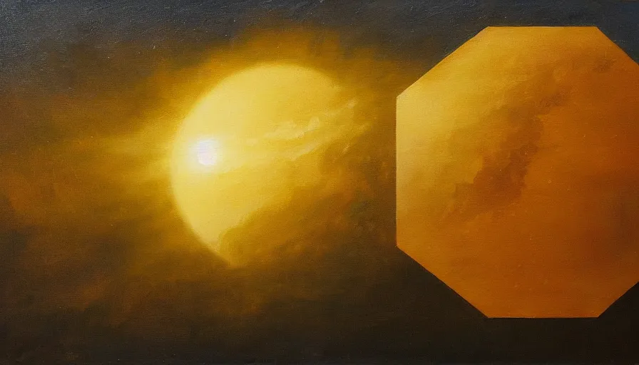 Image similar to the sun being blocked by a hexagon, earth in the foreground, oil painting