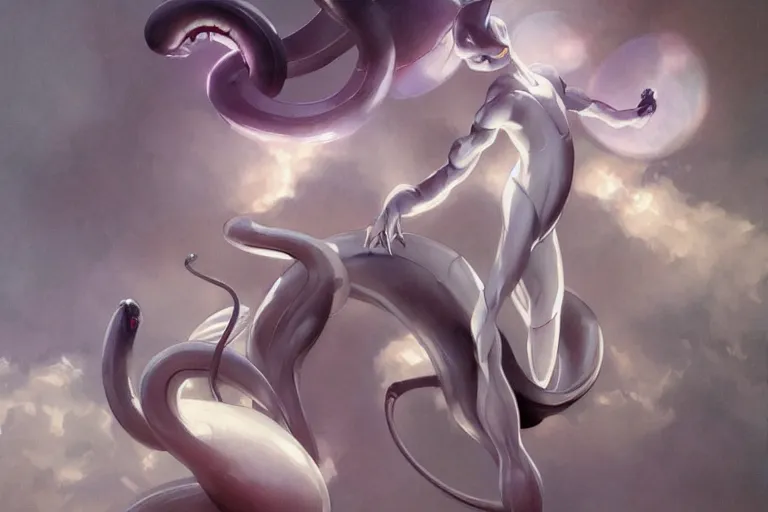 Image similar to mewtwo full body, realistic painting, symmetrical, highly detailed, digital painting, artstation, concept art, smooth, sharp focus, illustration, cinematic lighting, art by artgerm and greg rutkowski and alphonse mucha