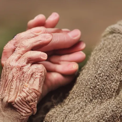 Image similar to miniature ancient old woman in palm of giant hand, short dof, macro photo, tiltshift, cutest, large head, tiny body, hyper realistic, minutely detailed, 8 k