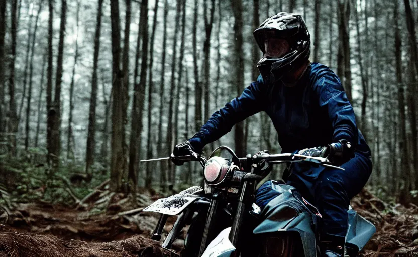 Image similar to cinestill 5 0 d candid photographic portrait by steven spielberg of joe biden wearing rugged black mesh techwear on a dirtbike through a deep forest, extreme closeup, modern cyberpunk moody emotional cinematic, snow storm, 8 k, hd, high resolution, 3 5 mm, f / 3 2, ultra realistic faces, ex machina