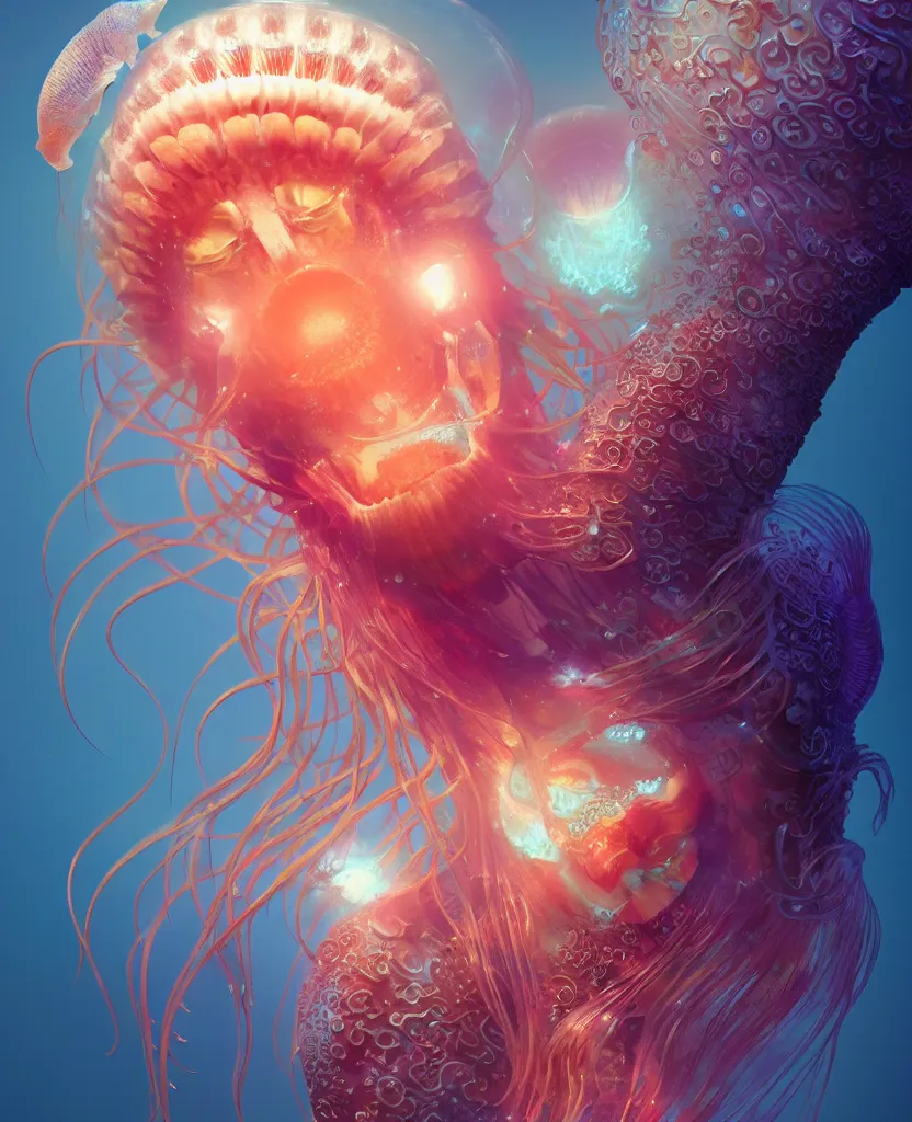 Image similar to goddess close-up portrait. orchid jellyfish phoenix head, nautilus, skull, betta fish, bioluminiscent creatures, intricate artwork by Tooth Wu and wlop and beeple. octane render, trending on artstation, greg rutkowski very coherent symmetrical artwork. cinematic, hyper realism, high detail, octane render, 8k