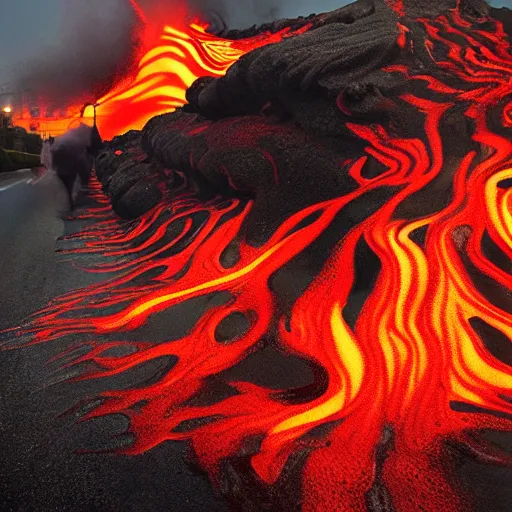 Image similar to molten lava flowing down a suburban street in America. Photo by Annie Liebowitz