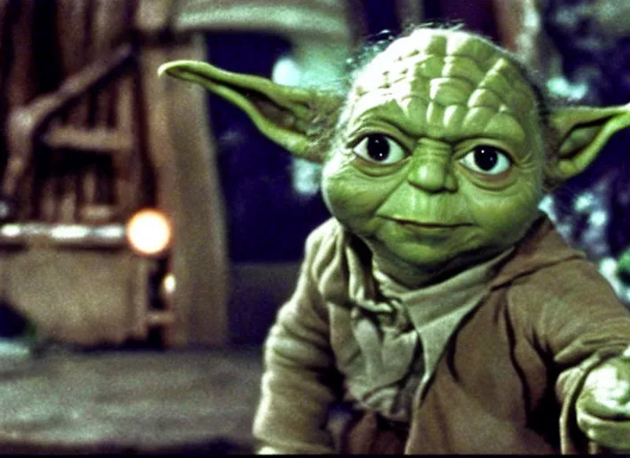 Prompt: a film still of yoda as an oompa loompa in willy wonka's and the chocolate factory ( 1 9 7 1 )