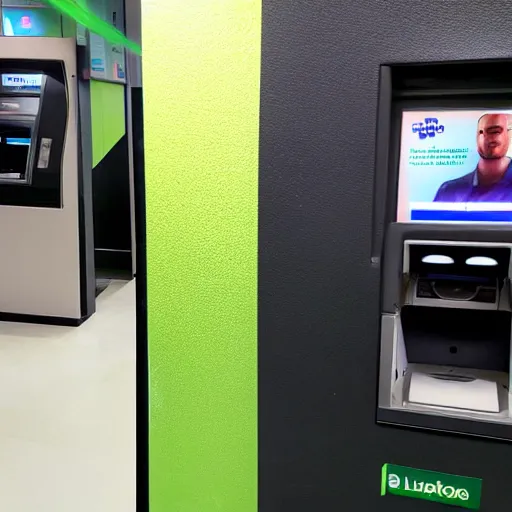 Prompt: a photograph of a person trapped inside of an atm machine from the outside. the atm machine has many green laser pointed at it, reflecting off the camera lens and illuminating the face of the person trapped inside.