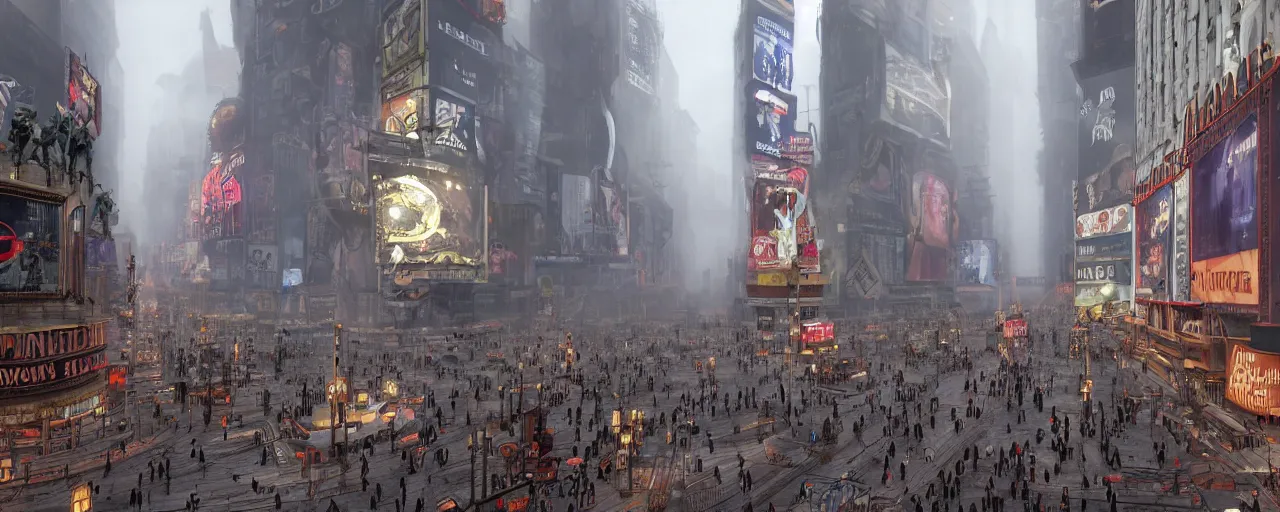 Prompt: Steampunk times square during new year's eve, Enki Bilal style, zenith view, 3d scene, render, volumetric fog, Ray tracing