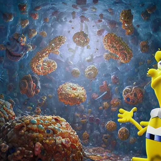 Image similar to hyperrealistic mixed media high resolution painting of anatomically correct SpongeBob SquarePants, stunning 3d render inspired art by István Sándorfi and Greg Rutkowski, perfect symmetry, dim volumetric lighting, 8k octane beautifully detailed render, post-processing, extremely hyper-detailed, intricate, epic composition, highly detailed attributes, highly detailed atmosphere, cinematic lighting, masterpiece, trending on artstation, very very detailed, masterpiece, stunning, flawless structure, lifelike texture, perfection,