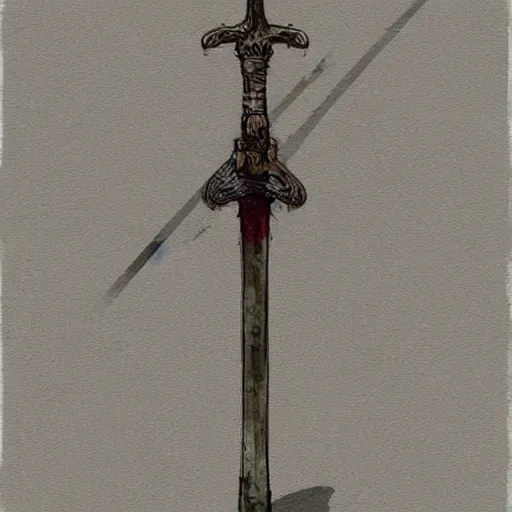 Prompt: an evil sword, on a blank background. diagonal composition ( concept art by enki bilal, museum picture )
