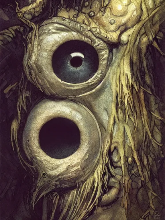 Image similar to one-eyed unbrushed cyclops concept art with one huge eye in the center and with smooth skin in place of the nose. Extremely high detail, details, realistic, fantasy art, solo, masterpiece, portrait painting, saturated colors, art by Arthur Rackham, Dariusz Zawadzki, Muzinabu