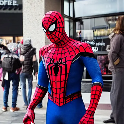 Image similar to spiderman standing in line at starbucks, photorealistic