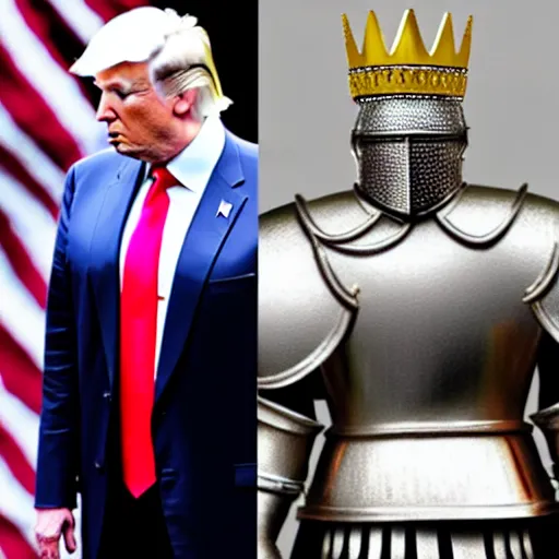 Image similar to full - body - front - shot!!!!!!!, donald trump wearing knight'armor, crown, detailed face!!!!!! of donald trump