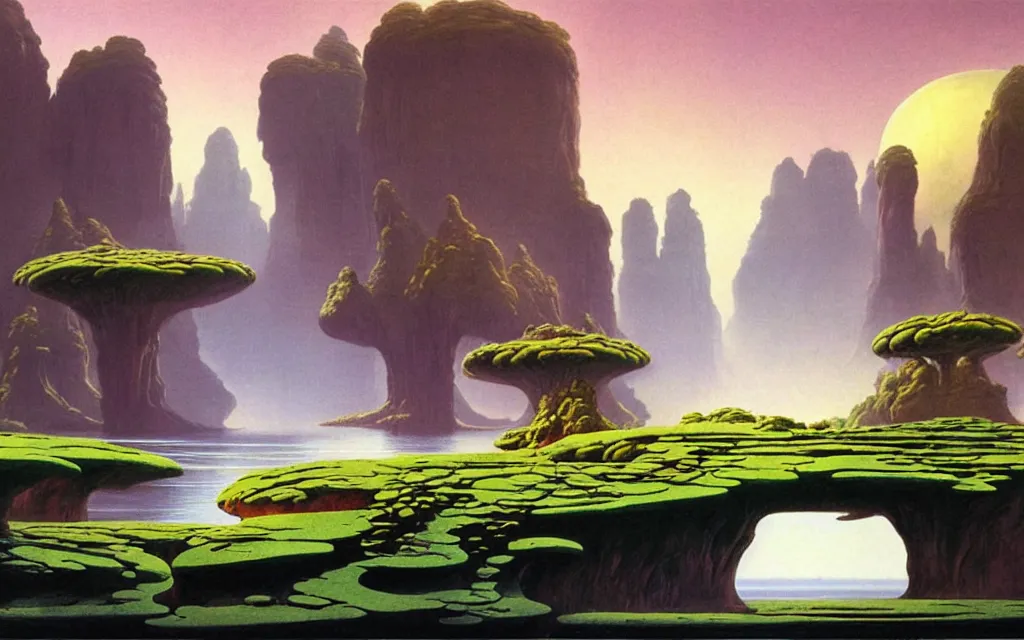 Image similar to a beautiful highly detailed matte painting of an alien planet with giant lotus with a lake surrounded by a canyon and rocks. by roger dean concept art