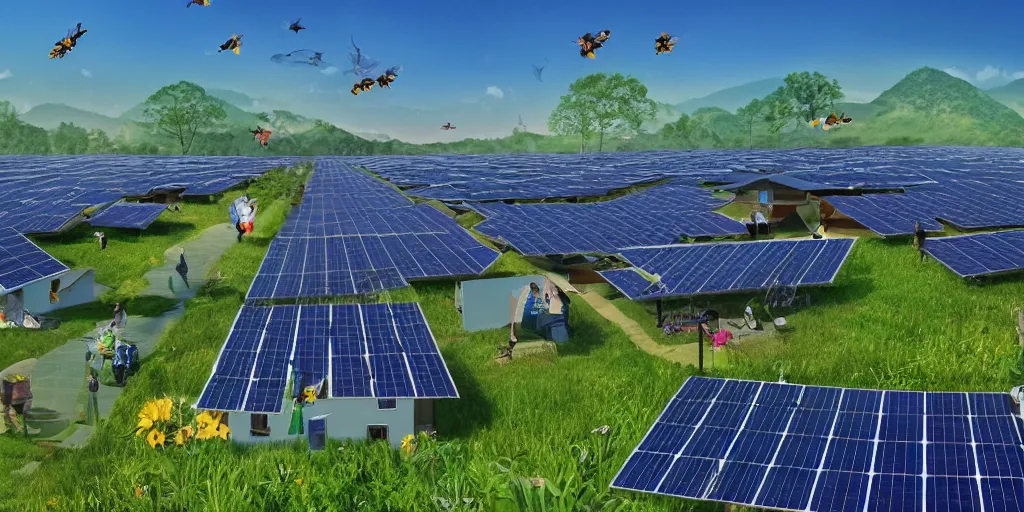 Prompt: ecovillage, solarpanels, flying fish, flying cow, flying big bee, solarpunk style