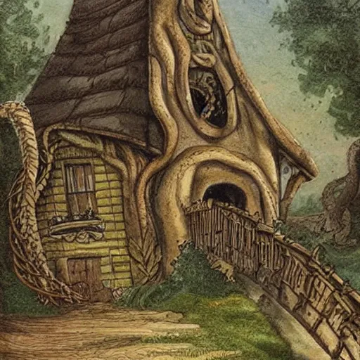 Prompt: a witches house with huge snakes on the roof