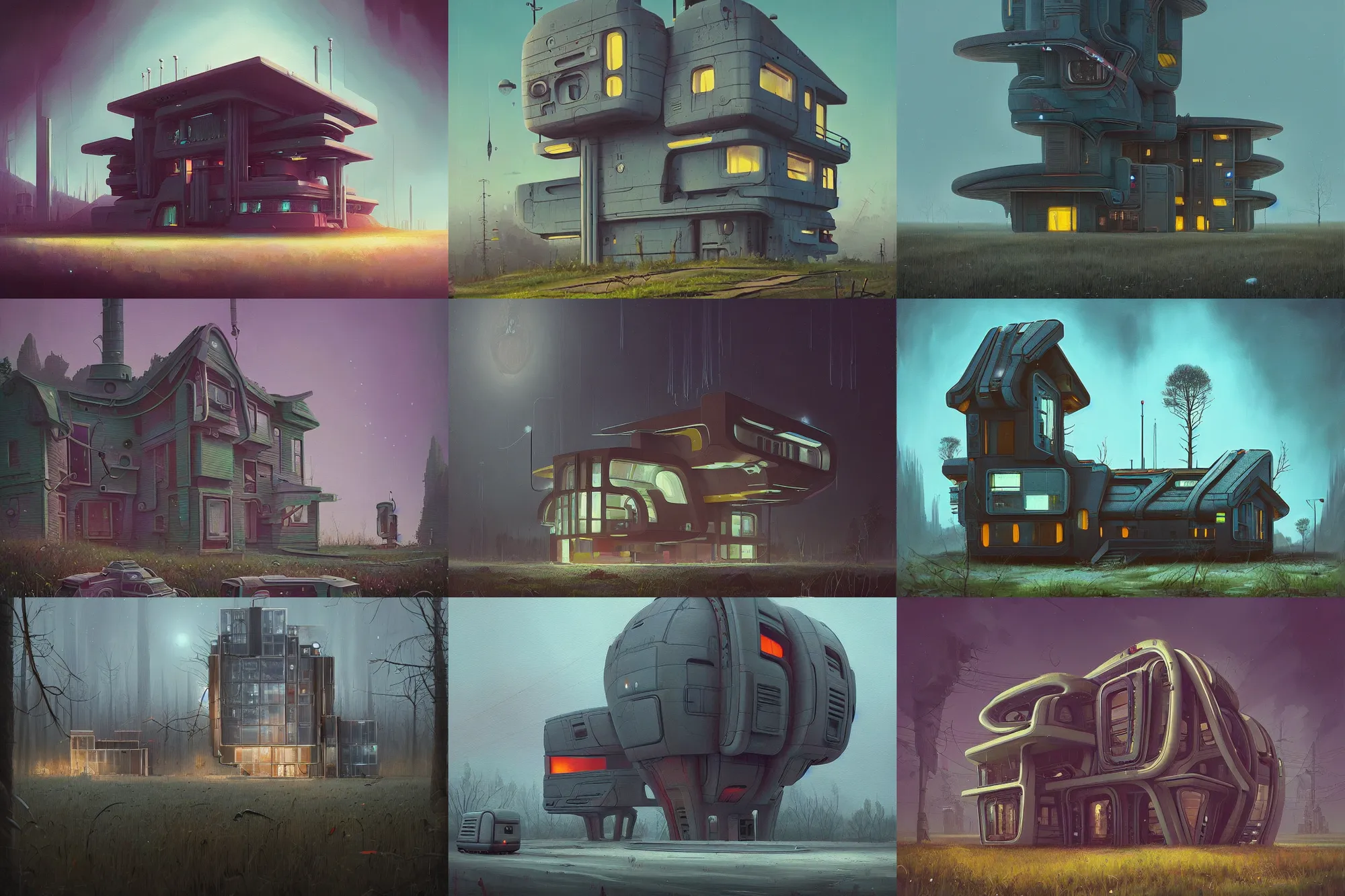 Prompt: beautiful painting of a futuristic house in the style of Simon Stålenhag and H. R. Giger, detailed, trending on Artstation