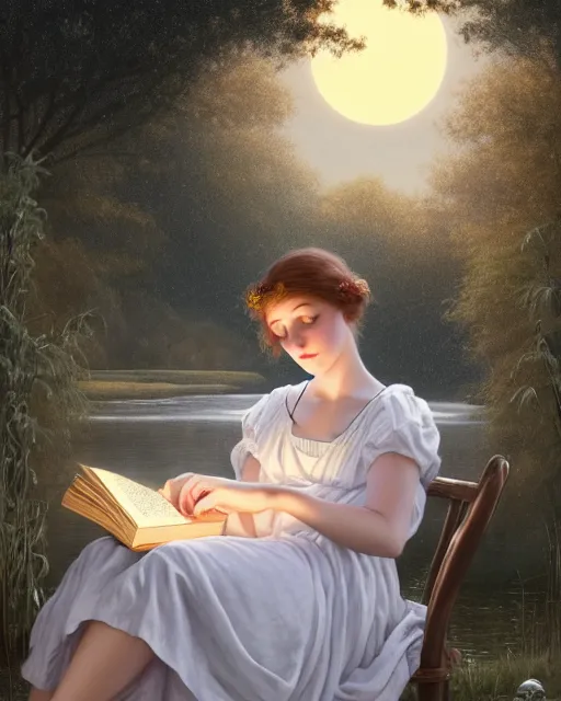 Image similar to a girl in white nightgown reading a book by the river, a full moon on the horizon, dark starry sky, golden orbs and fireflies, illustration, dramatic lighting, art nouveau, highly detailed face, 8 k, hd, by edmund blair leighton, brom, charlie bowater, trending on artstation, tom bagshaw