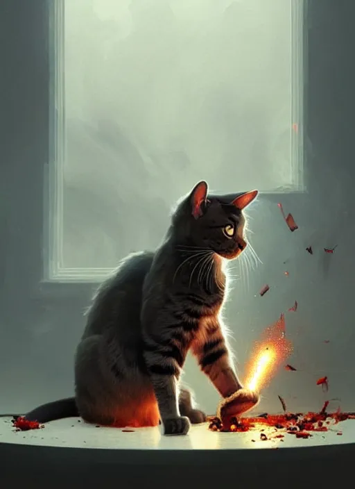 Prompt: a cat thinking about what he had done, vases slowly falling on on the ground, realistic smoke and explosions, elegant, highly detailed, digital illustration, trending in artstation, trending in pinterest, glamor photo, concept art, smooth, sharp focus, art by artgerm and greg rutkowski