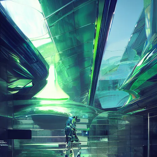 Image similar to neo brutralism, futuristic architectural art, colorful, hyperrealistic, cgsociety, octane render, 8k, realistic depth, 3D feeling, sunlight, shadows, reflections, romanticism, artstation, concept art, wallpaper, dark blue and green tones, in the style of Akihiko Yoshida and Craig Mullins