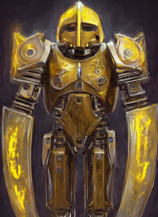 Image similar to full body, dynamic attack position abstract portrait of a intricate glorious holy mechanical warforged character in yellow armor holding a paladin engraved great longsword drawn and carrying a big paladin shield, glowing!!!! eye!!!!!, face in focus, pit droid, epic , trending on ArtStation, masterpiece, cinematic lighting, by Ross Tran and by Greg Rutkowski