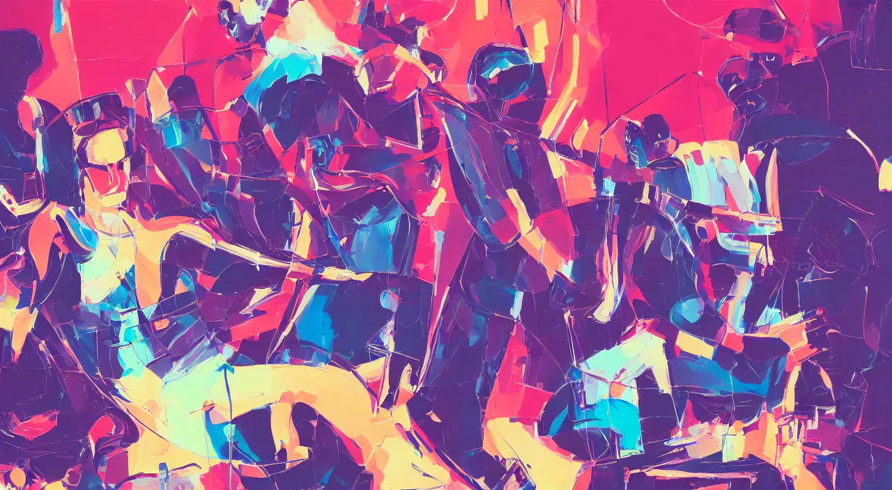 Prompt: a graph style gauche impasto, tennis players, cyberpunk art by james gilleard, cgsociety, retrofuturism, synthwave, retrowave, outrun, hyper realistic.