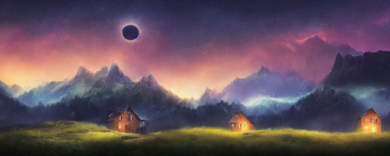 Prompt: beautiful digital landscape painting, a lonely house in the mountains, beautiful night sky with a star fall, lots of particles, epic, by christian dimitrov, weston jones, philipsue _ art