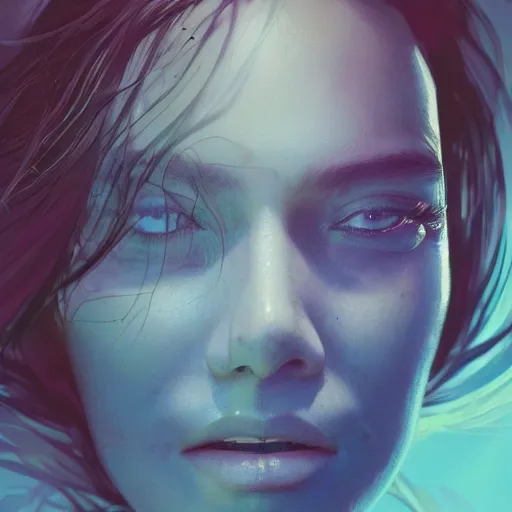 Image similar to 3 d, sci - fi, close - up, morning, smiling fashion model face, sun, cinematic, clouds, sun rays, vogue cover style, poster art, blue mood, realistic painting, intricate oil painting, high detail illustration, figurative art, multiple exposure, poster art, by tooth wu and wlop and beeple and greg rutkowski