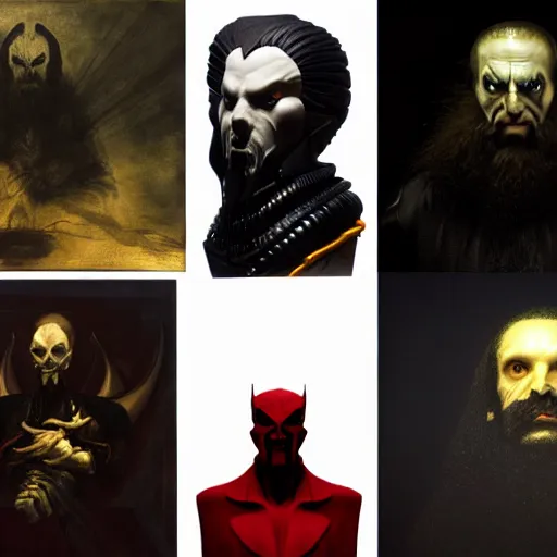 Prompt: studio portrait of mr sinister by rembrandt, prometheus movie still frame of vampiric mr sinister, mcu nathaniel essex mr sinister by wayne barlowe by caravaggio, 3 d fantasy character sculpture by beksinski, editorial dress of futuristic collection by alexander mcqueen and guo pei