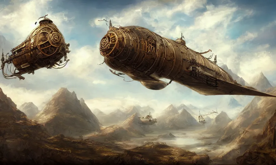 Image similar to steampunk airship over mountains, digital art, concept art, fantasy art, highly detailed, hd wallpaper, artstation, deviantart, behance