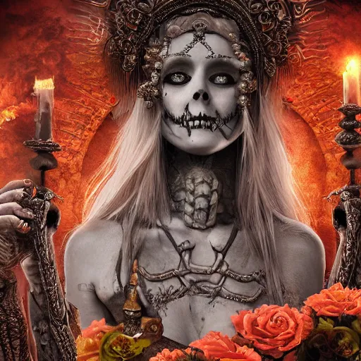 Image similar to a beautiful detailed 3d matte painting of female goddess of the dead, ominous, magical realism, texture, intricate, ornate, royally decorated, skull, skeleton, whirling smoke, embers, red adornements, 8k