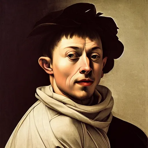 Prompt: a caravaggio face portrait of melon husk, elon musks much fruitier genetically engineered cousin, 4 k