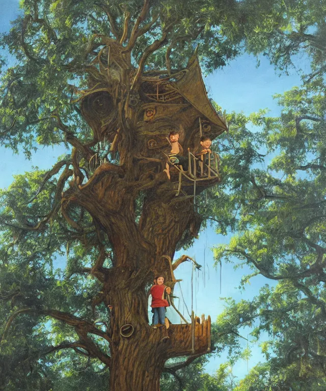 Image similar to masterful oil on canvas painting, eye - level view, shot from 5 0 feet distance, of a kid playing in a treehouse. in the background is a whimsical sparse forest. golden hour, detailed, depth, volume, chiaroscuro, quiet intensity, vivid color palette. by tex avery and gerald brom