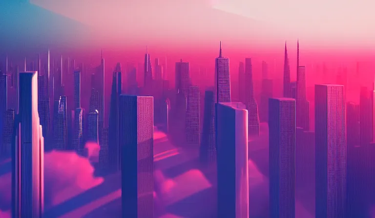 Prompt: a beautiful, sharp focus, and immaculate overcast futuristic cityscape. view from above. vaporwave ombre rendering. outrun style. trending on artstation. recommended for you behance. by chris moore. by edward hopper. beeple colors. ambient occlusion. digital matte painting. metropolis filmic. gotham city.