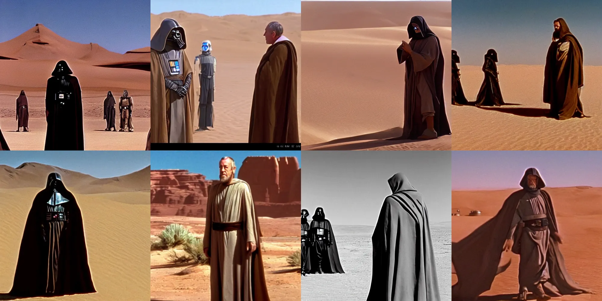 Prompt: a still of alec guiness!!!! as obiwan kenobi!!! speaking with jawas! in the desert in star wars