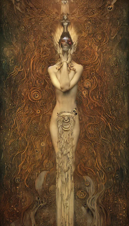 Image similar to wet plate photography of goddess with one wing reaching infinity and hungry souls around by klimt, artificial nightmares drawn by peter mohrbacher, zdzisław beksinski and thu berchs james gurney unreal engine octane, trending on artstation.