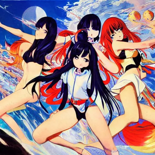 Prompt: multiple beautiful anime waifus, by Robert McCall