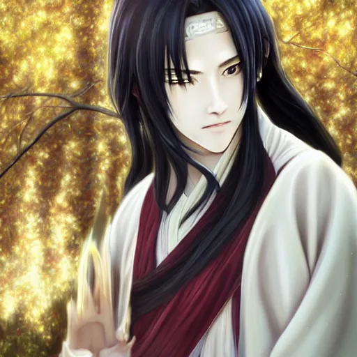 Image similar to a young beautiful prince, golden eyes, long black hair, white hanfu, elegant, intricate, backlit, incredible lighting, strong rim light, subsurface scattering, hyper realistic anime, beautiful landscape, cherry trees, highly detailed digital painting, by Heise Jinyao, Heise-Lian Yan Fang, Feimo, Rossdraws, Sakimichan HDRI, vivid colors, high contrast, unreal engine, cgsociety, octane render, trending on artstation, 8k