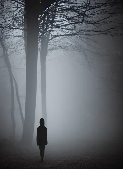 Prompt: a dark female silhouette, bright glowing translucent aura, fog, film grain