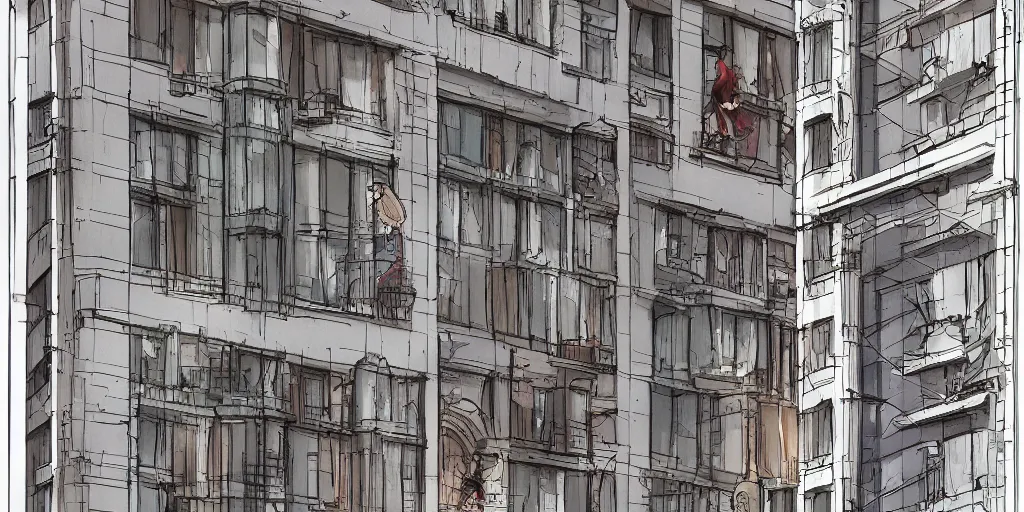 Prompt: cartoonish windows of chicago buildings, people minding their business at their apartaments, eating dinner, character sheet, fine details, concept design, contrast, kim jung gi, greg rutkowski, watercolor, trending on artstation, 8 k, full body, turnaround, front view, back view, ultra wide angle