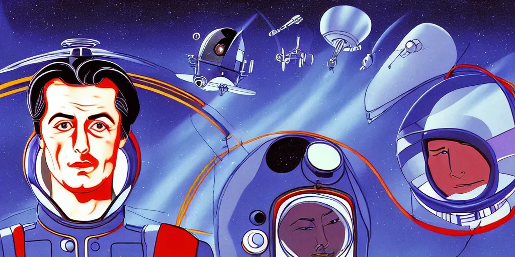 Image similar to traditional drawn colorful animation a symmetrical portrait of Alain Delon Stallone pilot in posing in spaceship station planet captain bridge, сomet tail, outer worlds, robots, extraterrestrial hyper contrast well drawn in Jean Henri Gaston Giraud animation film The Masters of Time FANTASTIC PLANET La planète sauvage animation by René Laloux