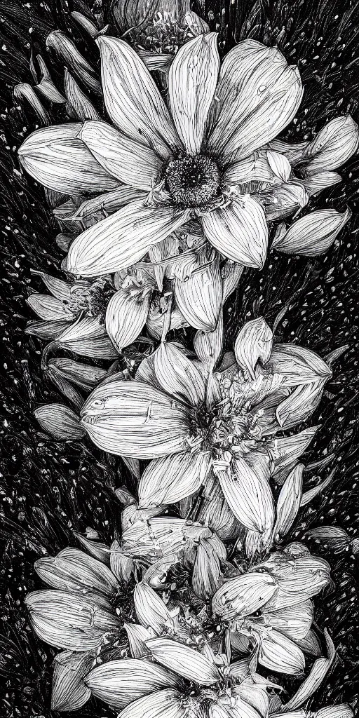 Image similar to highly detailed beautiful photography of flower, sharp focus, dramatic, dynamic lighting, elegant, black background, harmony, beauty, masterpiece, by durero, by nicolas delort, moebius, pen draw