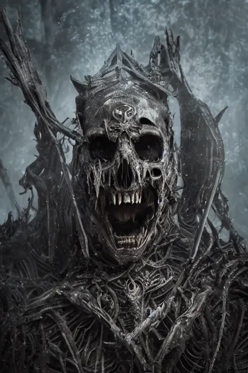 Prompt: a portrait of an ancient decayed lich king, dark fantasy setting, dynamic pose, cobwebs and dust, decay, close - up, intricate details, intricately detailed clothing, intricate textures, warm lighting, vivid colors, smoke and mist, realistic octane render, hyper realistic render, volumetric shading, depth of field, raytracing, 8 k,