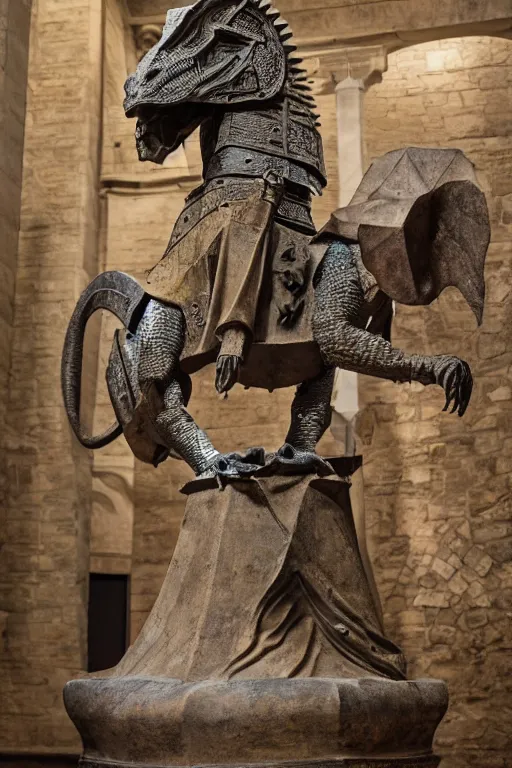 Prompt: medieval english, photo of stone statue, of a night in armor riding a dinosaur, romanesque style, in a large museum room