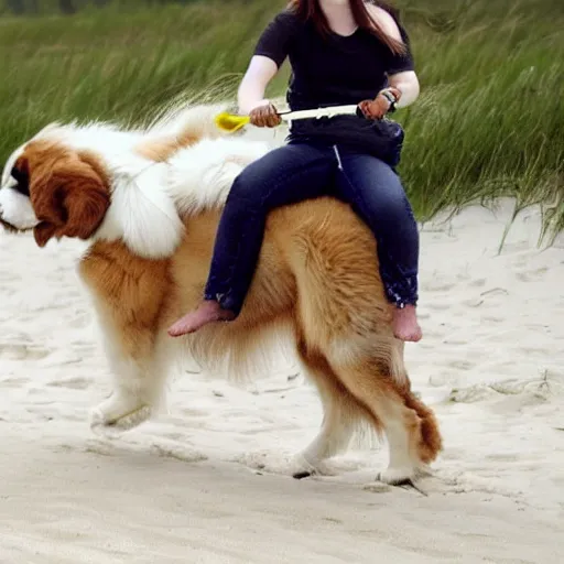 Image similar to girl riding a giant saint Bernard at the beach catching a frisbee, trending on artstation