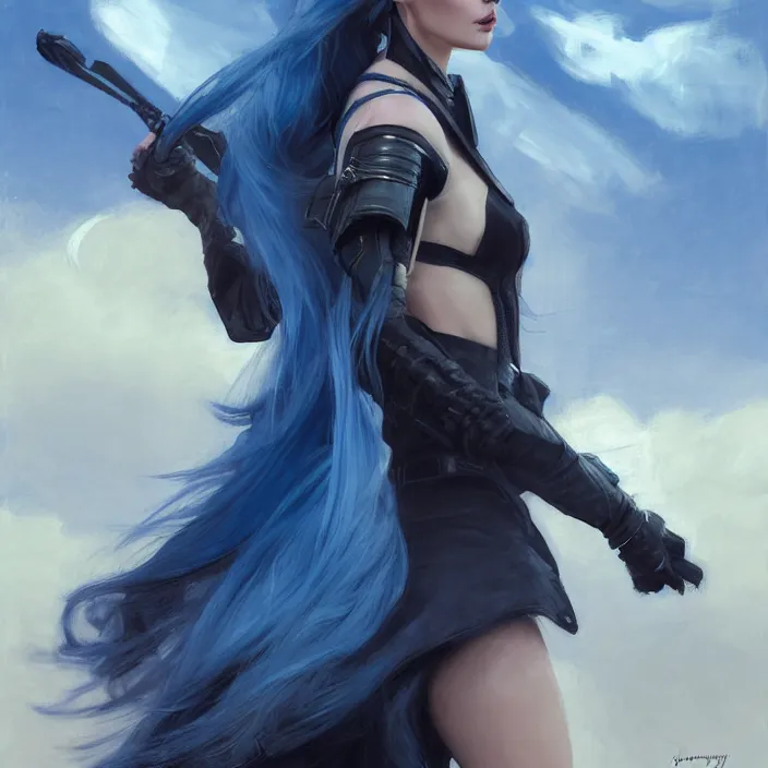 Prompt: portrait of a combination of Ashley Greene, Adriana Dxim, Grace Kelly and Lily Collins with blue hair wearing Warframe armor, countryside, calm, fantasy character portrait, dynamic pose, above view, sunny day, thunder clouds in the sky, artwork by Jeremy Lipkin and Giuseppe Dangelico Pino and Michael Garmash and Rob Rey and Greg Manchess and Huang Guangjian, very coherent asymmetrical artwork, sharp edges, perfect face, simple form, 100mm