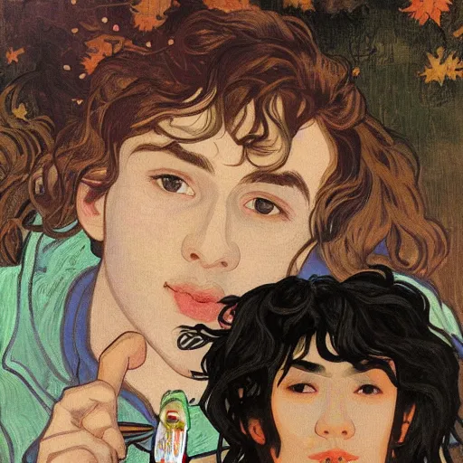 Image similar to painting of young cute handsome beautiful dark medium wavy hair man in his 2 0 s named shadow taehyung and cute handsome beautiful min - jun together at the halloween party, bubbling cauldron, candles, smoke, tarot, autumn colors, elegant, stylized, soft facial features, delicate facial features, art by alphonse mucha, vincent van gogh, egon schiele