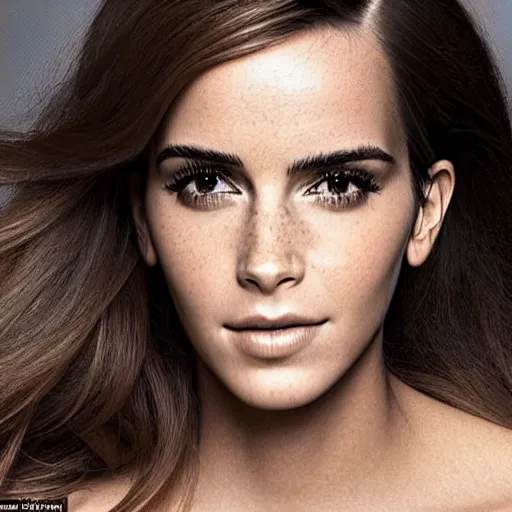 Image similar to a woman who is a genetic combination of kim kardashian and emma watson face and upper - body focus