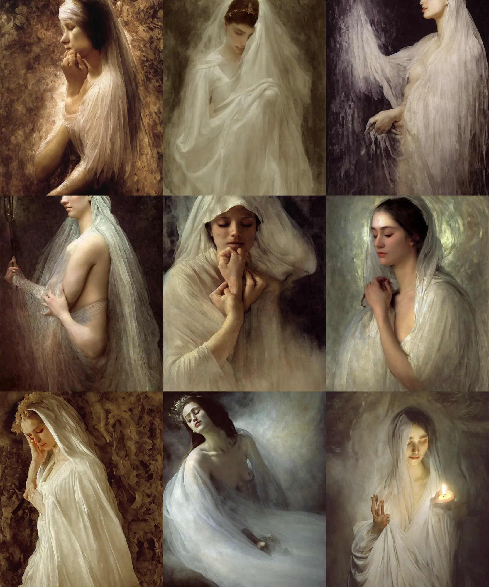 Prompt: Beautiful woman with closed eyes under the white veil wearing a white dress and covered with melted white candle wax by Ilya Repin, Mikhail Vrubel, William Blake, Michelangelo da Caravaggio, Rafaelle Monti and Beksinski, dramatic volumetric lighting, full body portrait, highly detailed oil painting, 4k, masterpiece