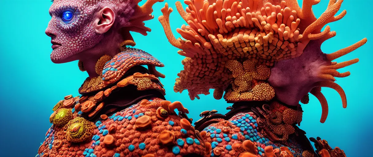 Image similar to hyperrealist highly detailed english medieval portrait of high fashion monster wearing reef armor, radiating atomic neon corals, concept art pascal blanche dramatic studio lighting 8k wide angle shallow depth of field