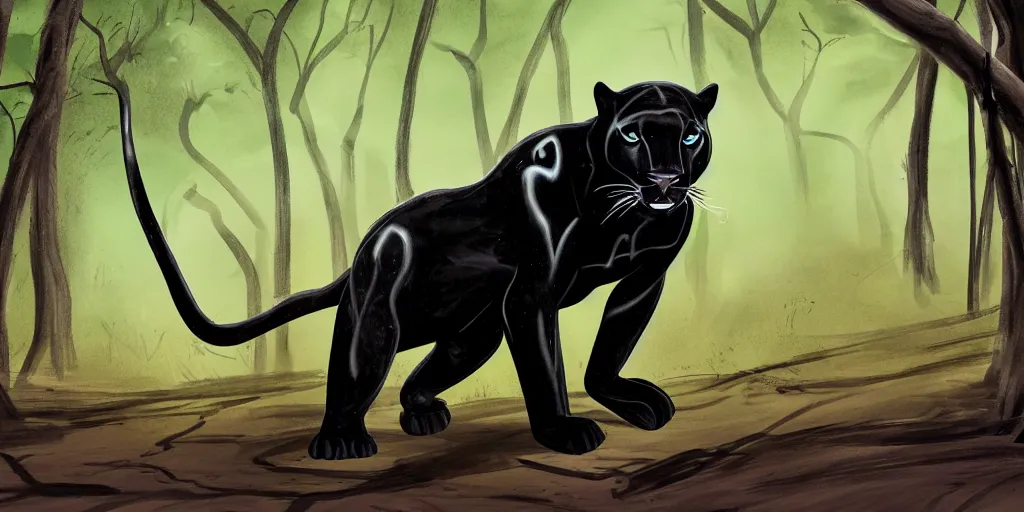 Image similar to a panther, made of smooth black goo, prowling through the forest, viscous, sticky, full of tar, covered with black goo. concept art, painting, animal drawing, color, savanna, wildlife photography, black goo, cinematic, in the style of research drawings