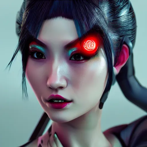 Image similar to cyberpunk geisha, full cyborg body, goddess body cinematic lighting, beautiful face, ultra detail, ultra realistic, photo realistic, octane render,