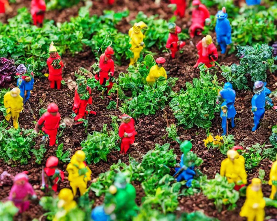 Prompt: close-up, hi-res photo of miniature tin soldiers standing amidst a colorful vegetable garden.